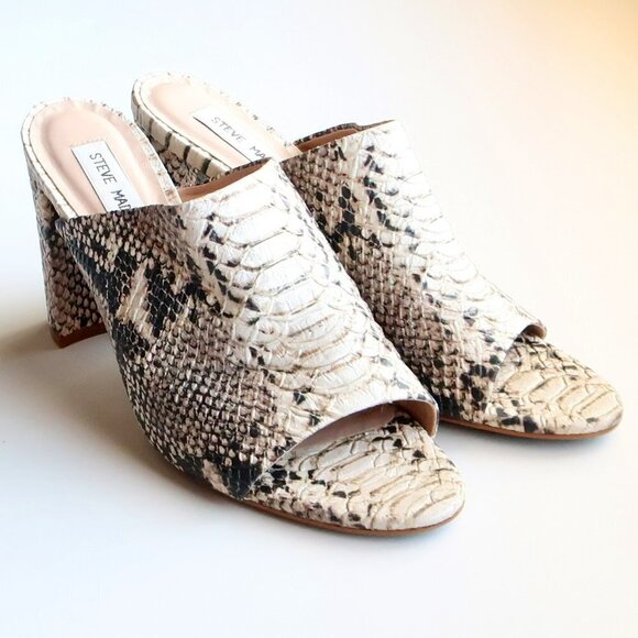 Steve Madden Cream & Black Esmeralda Snakeskin Peep Toe Mules / Slip On Sandals - Picture 3 of 16